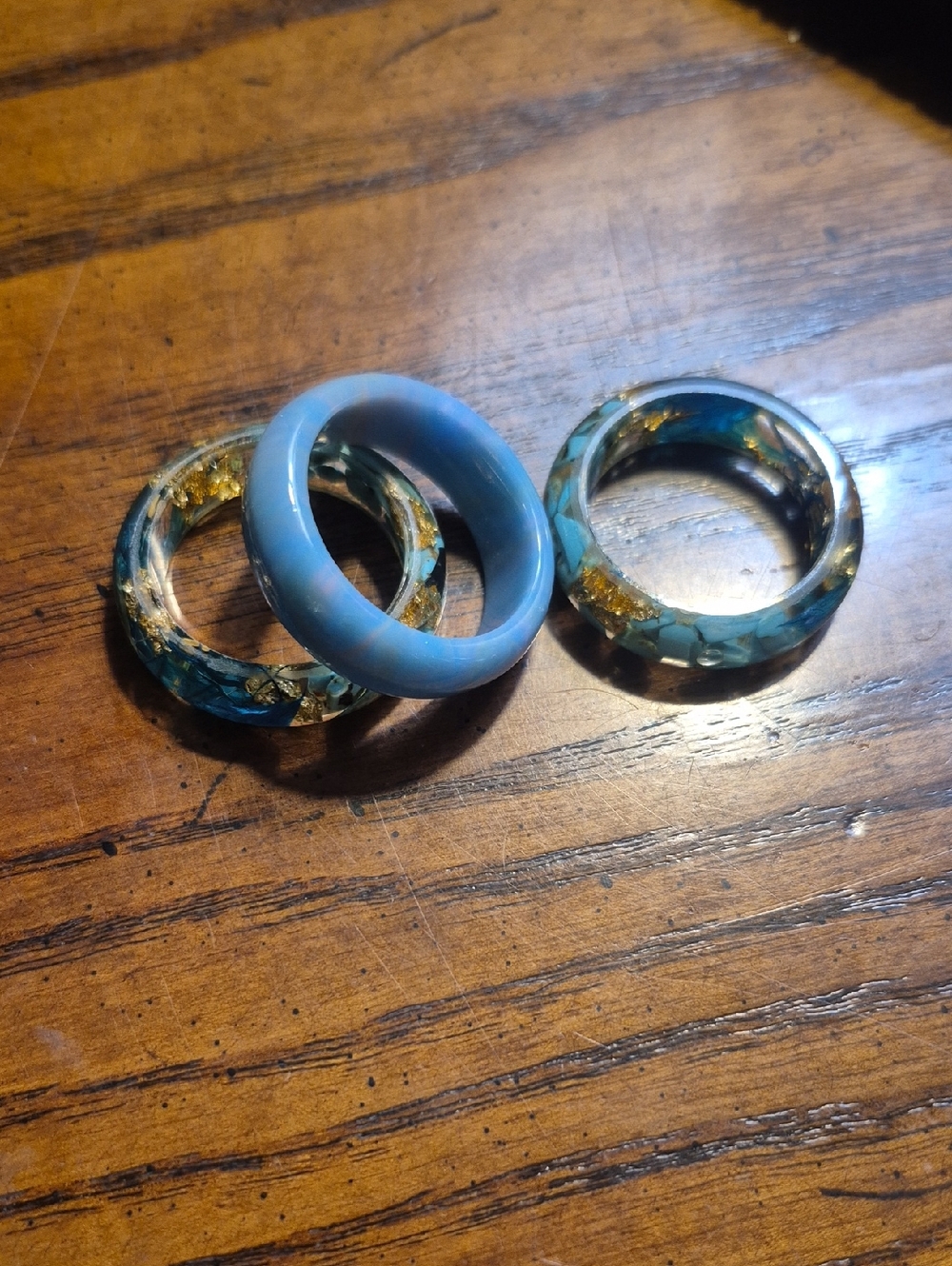 Set Of 3 Resin Rings in Blue and Teal with Gold Flakes Sz 10